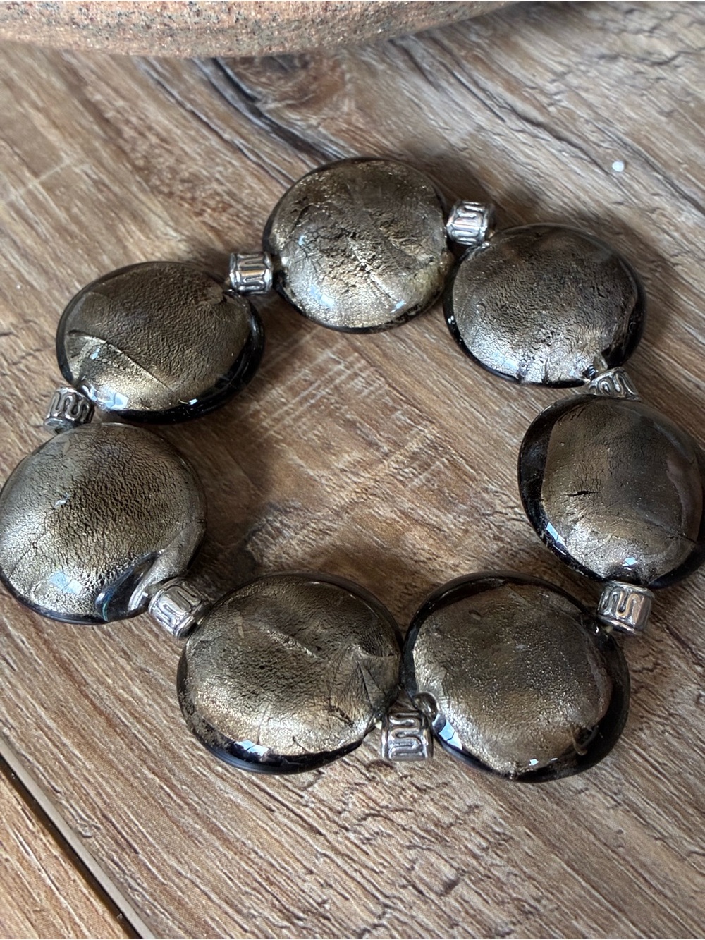 Vintage Metallic Olive Green/Black Disc Stretch Bracelet With Silver Accents